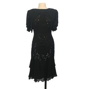 Lillie Rubin Vintage 80s Black Sequin Cocktail Dress, 20s Style Flutter Sleeve S